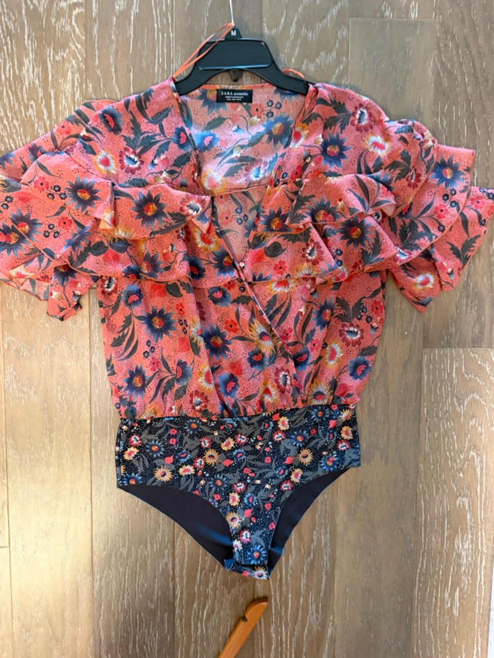 Zara Coral, Navy & Peach Floral Ruffle Bodysuit Soft Fabric Comfortable